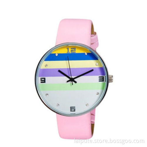 Laipute 030 Fashion Women Striped Round Alloy Case Quartz Watch with Faux Leather Strap (Pink)